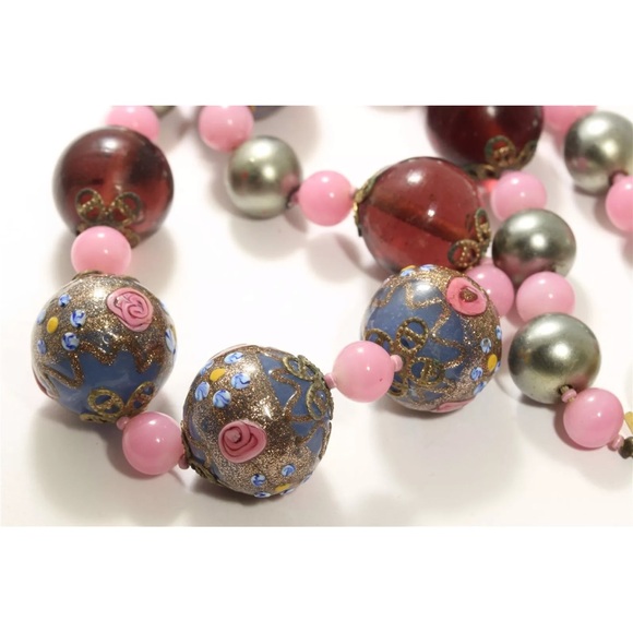 RARE Large Venetian Wedding Cake pink-Purple handmade Glass Bead Necklace 18” - Picture 6 of 15